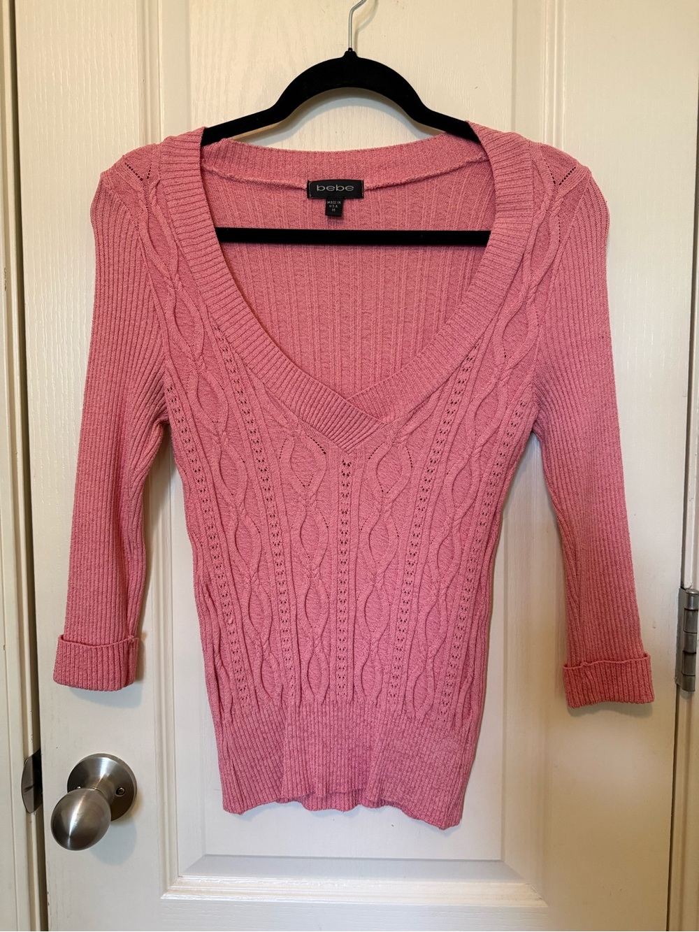 bebe Vintage y2k Pink Cable-Knit V-Neck Sweater